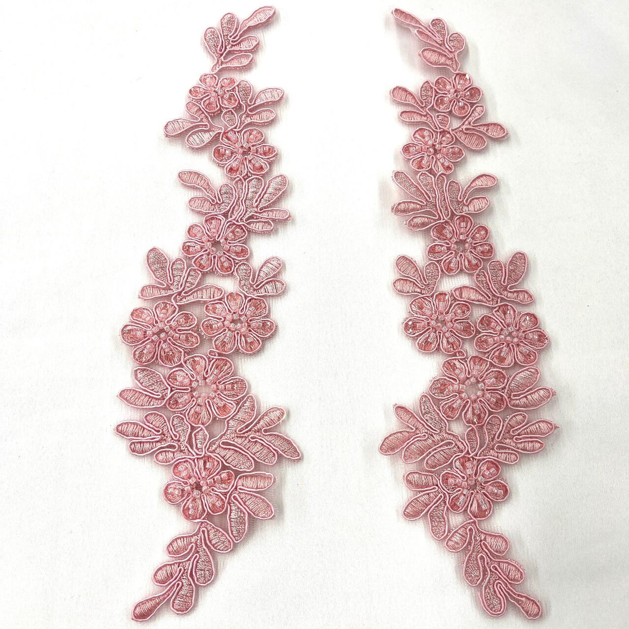 1 Pair 9.5" x 2" Each Side Beaded & Corded Floral Lace Applique Embroidered on 100% Polyester Net Mesh